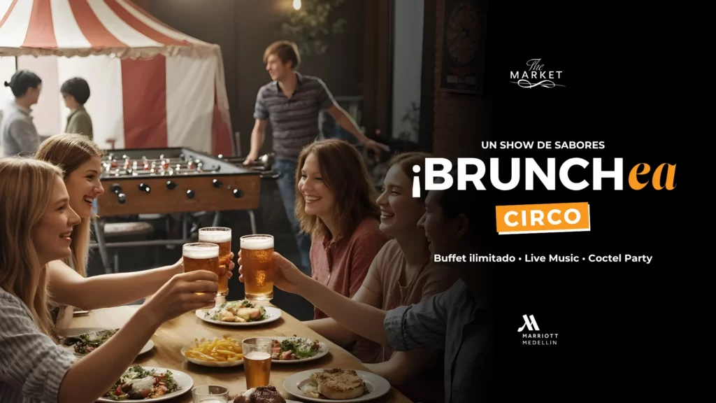 Brunch en Medellín Circense con estaciones de comida ilimitadas, coctelería, música en vivo y actividades para niños y adultos. Experiencia familiar y divertida en noviembre